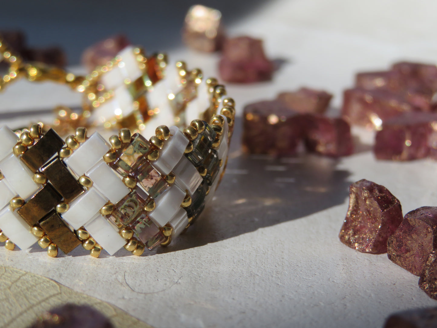 Bracelet 2 rows striped gold and bronze