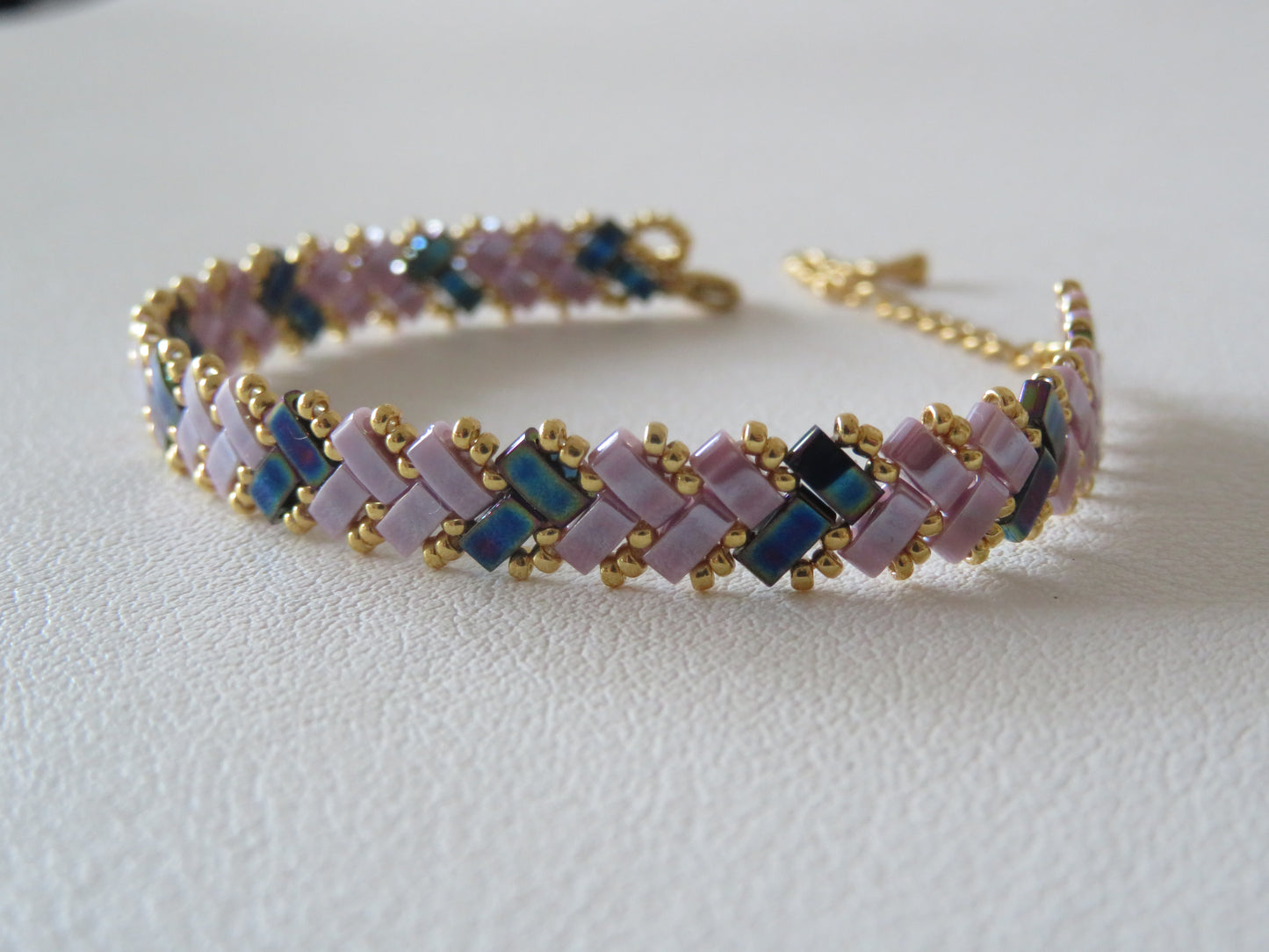 Bracelet 1 rang rayé parme et bleu