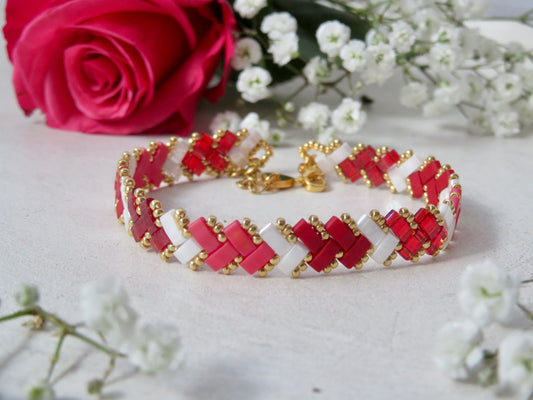 Bracelet 1 rang rayé rouge et rose