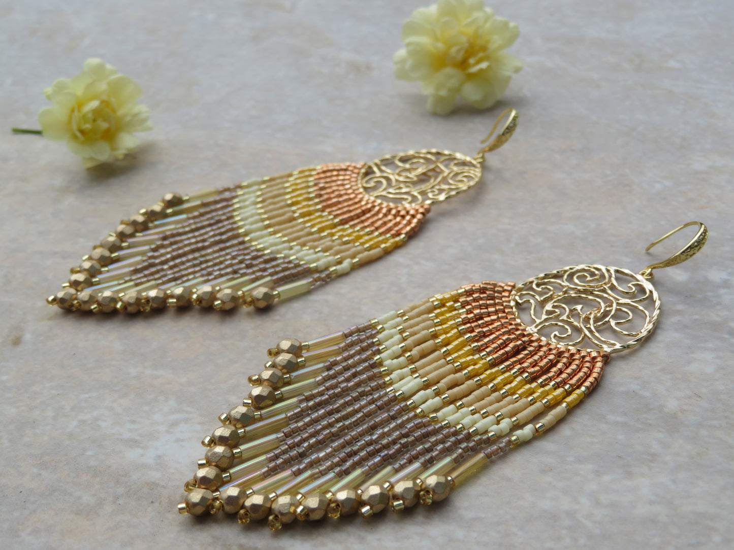 Yellow and gold fringe earrings on Waves Print - Pre-order