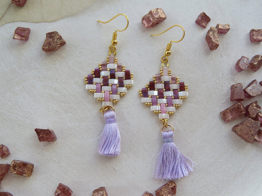 Earrings Small Square Purple Tassel