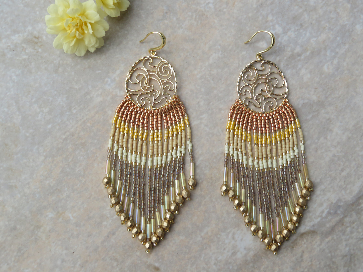 Yellow and gold fringe earrings on Waves Print - Pre-order